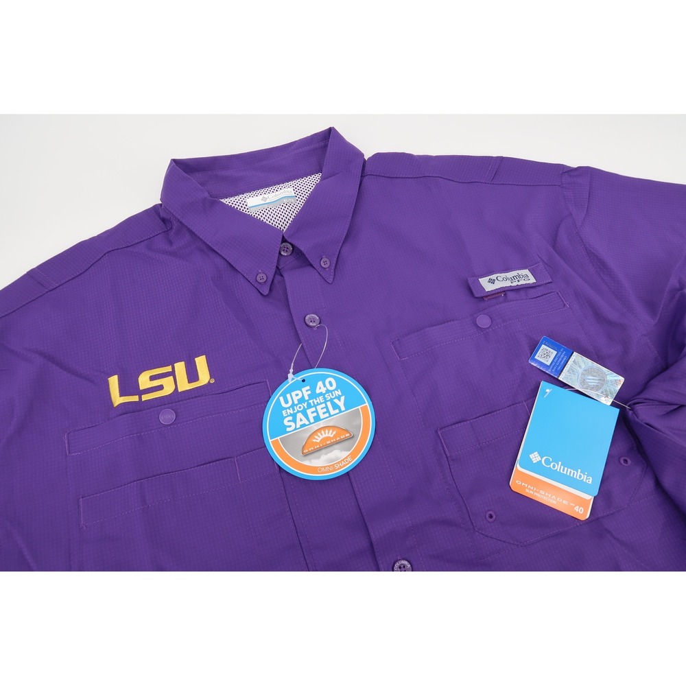 LSU Tigers Columbia PFG Collegiate Tamiami Shirt Mens XL Purple Short Sleeve NEW